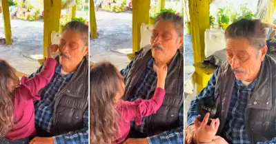 Abuelito se deja maquillar por su nieta.