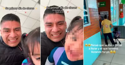Padre llora al ver a su hija en su primer da de escuela.
