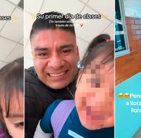 Padre llora al ver a su hija en su primer da de escuela.