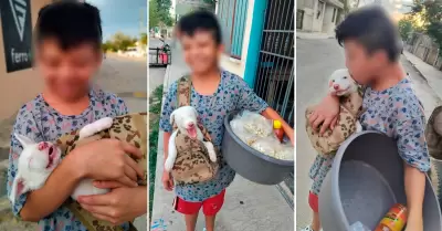 Nio vende palomitas junto a su perrito.