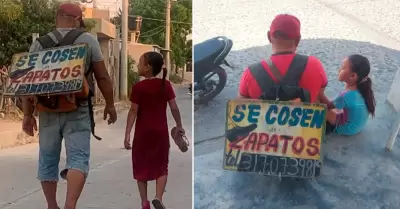 Padre cose zapatos al lado de su pequea hija.