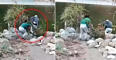 Mujer empuja a un abuelo al ro.