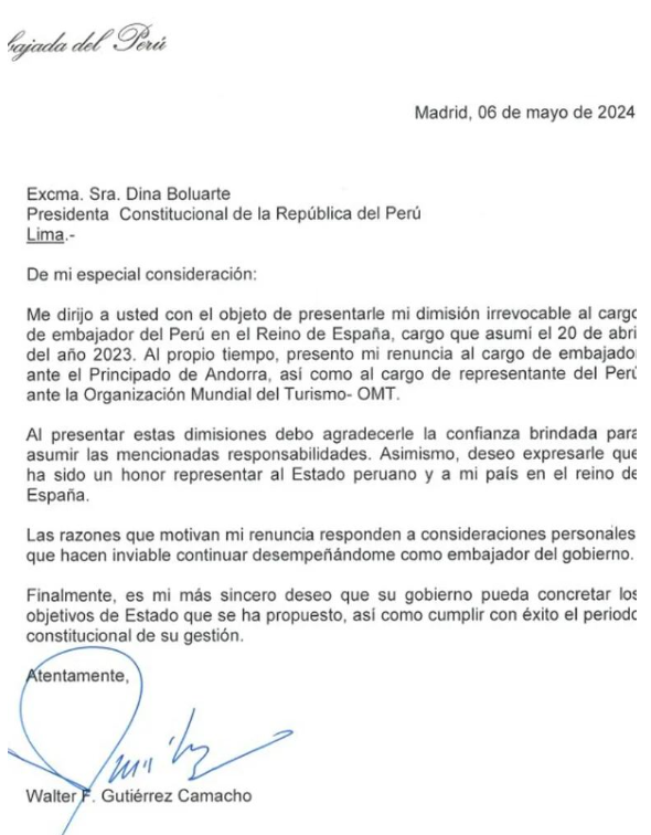 Carta de renuncia de Walter Gutirrez a su cargo como embajador de Per en Espaa.