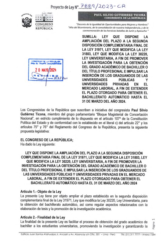 Proyecto de Ley busca ampliar bachillerato automtico hasta 31 de diciembre de 2026.