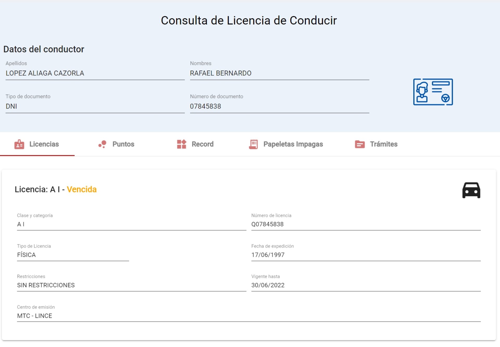 Licencia de conducir del alcalde de Lima (MTC)