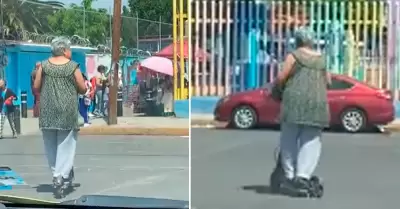 Abuelita recoge a su nieto en monopatn.