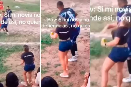 Mujer defiende a su novio en un partido de ftbol.