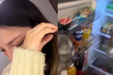 Joven llorar al ver su refrigerador lleno