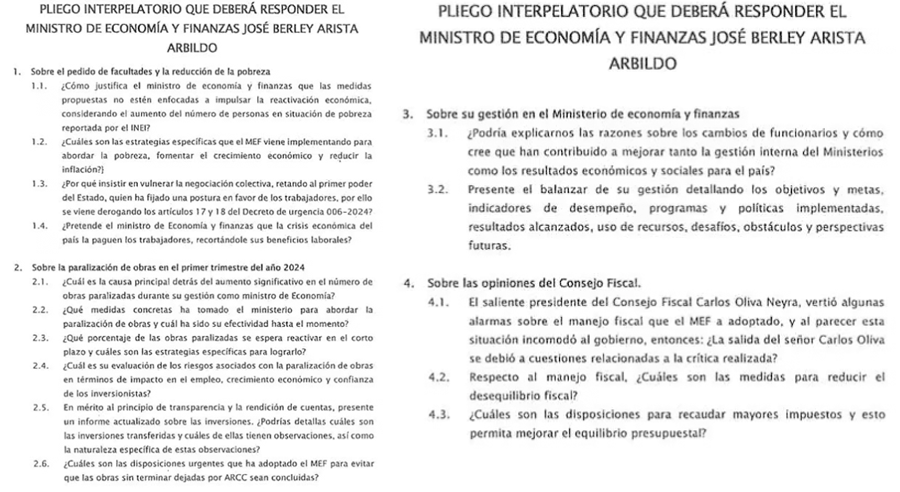 Pliego de preguntas que el ministro de Economa deber responder este viernes 14 de junio en el Congreso.