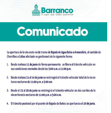 Municipalidad de Barranco reporta horarios de reapertura y restriccin en tramos de la Costa Verde.