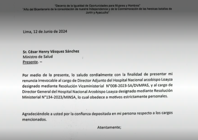 Carlos Otiniano renunci al cargo de director del hospital Arzobispo Loayza.