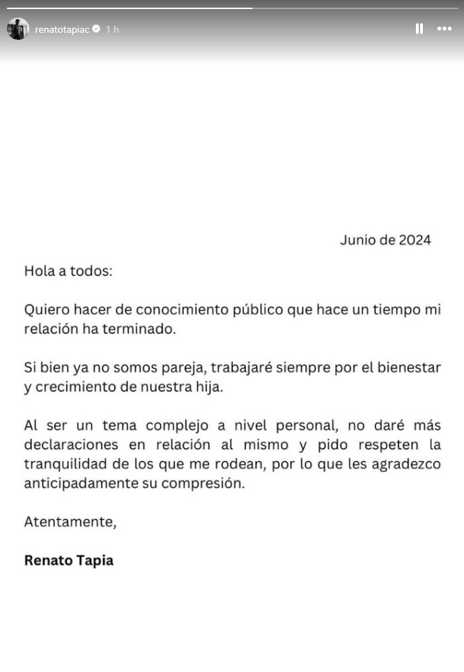 El comunicado de Renato Tapia anunciado el fin de su matrimonio.