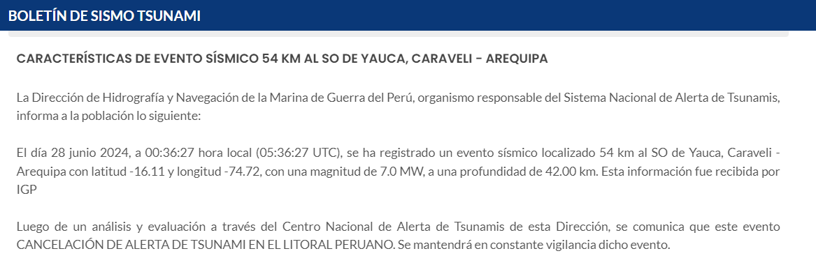 DHN de Marina de Guerra cancela alerta de tsunami en litoral peruano.