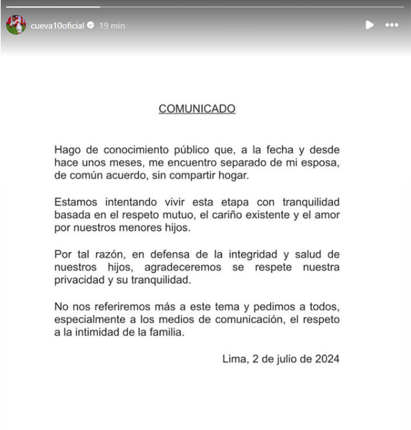 El comunicado de Christian Cueva anunciando su separacin de Pamela Lpez
