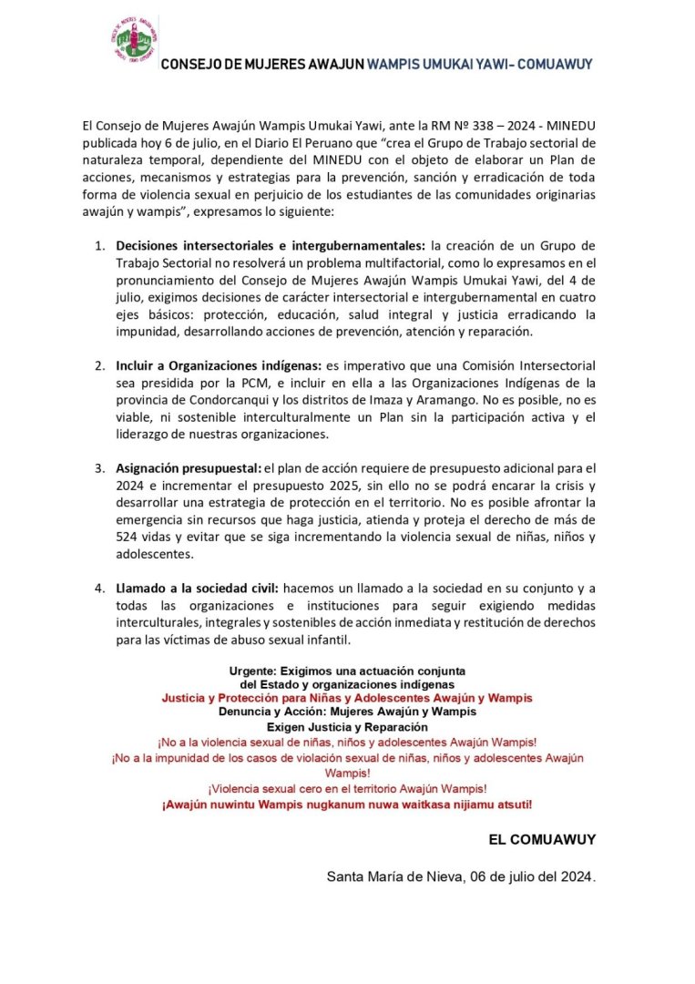 Comunicado emitido por el Consejo de Mujeres Awajn