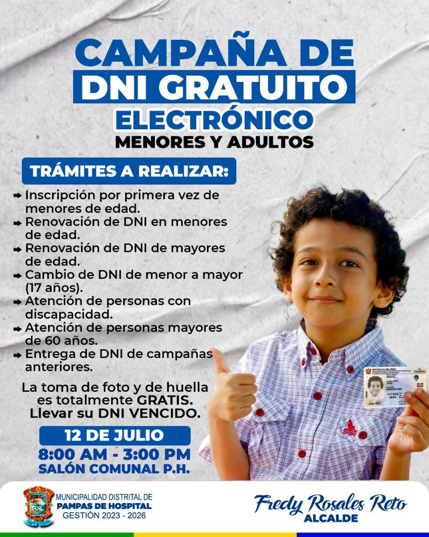 Municipio Distrital de Pampas del Hospital compartió anuncio en redes sociales.