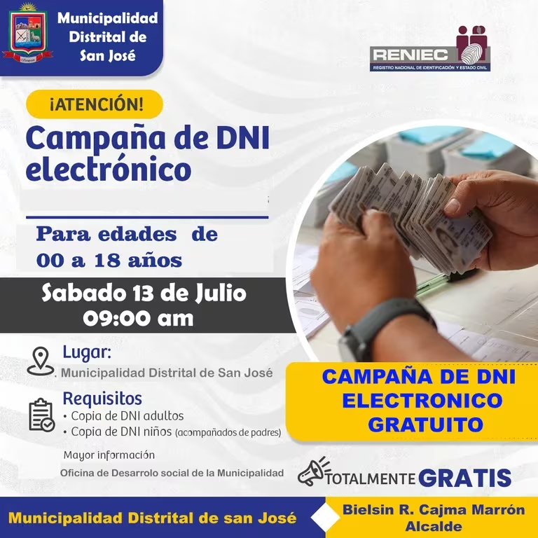 Municipalidad Distrital de San Jos anunci campaa para este sbado 13 de julio.