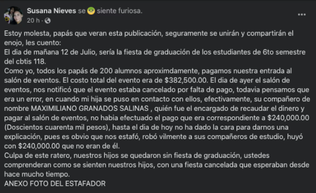 Madre denuncia a estudiante por gastar dinero de graduacin.