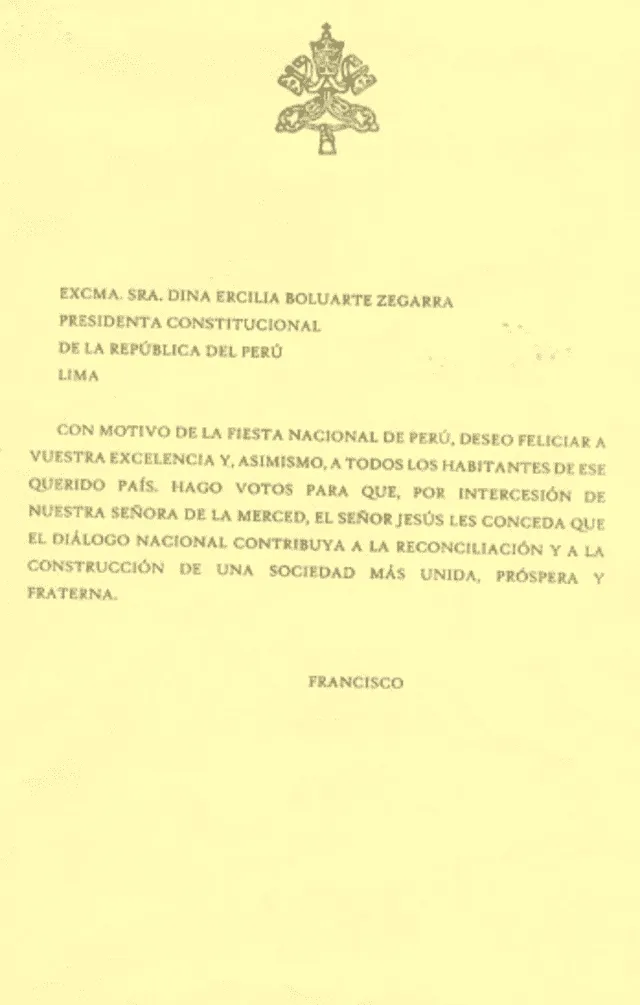 Carta enviada por el papa Francisco a Dina Boluarte.