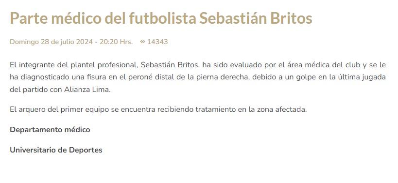 El comunicado de Universitario confirmando la lesin de Sebastin Britos.