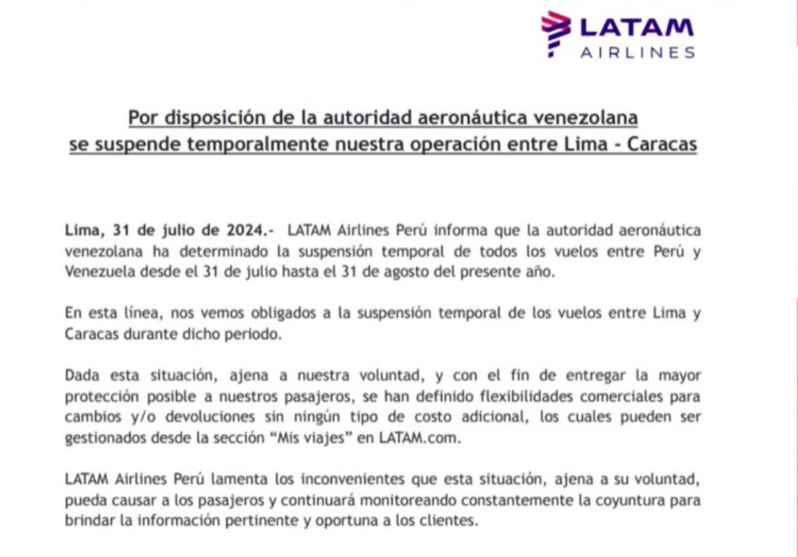 Comunicado de Latam Airlines.