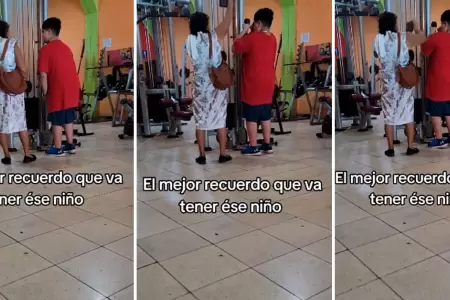 Abuelita apoya a su nieto en el gimnasio.