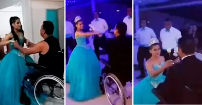 Quinceaera baila con su abuelo en silla de ruedas.