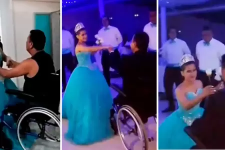 Quinceaera baila con su abuelo en silla de ruedas.