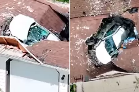 Camioneta se estrella en techo de una casa.
