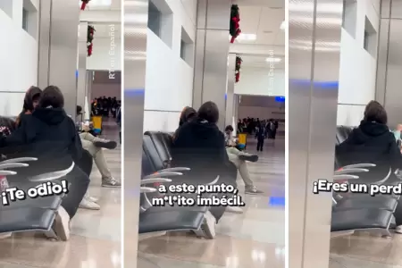 Mujer reclama y grita a su novio en el aeropuerto.