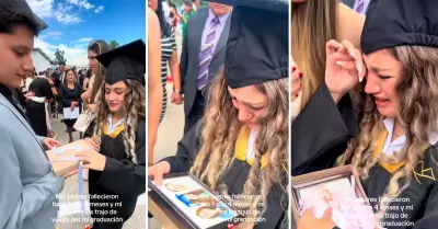 Graduada llora al recibir foto con sus padres fallecidos.