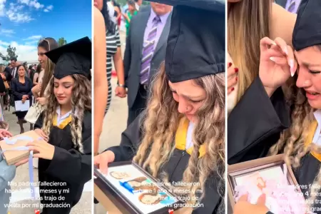 Graduada llora al recibir foto con sus padres fallecidos.