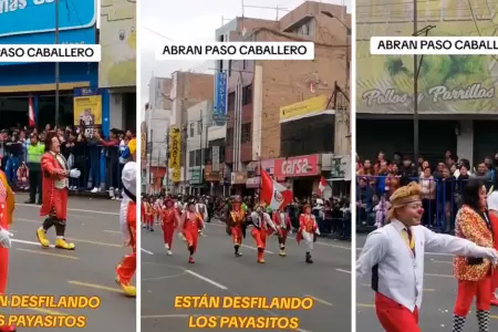 Payasitos desfilan por Fiestas Patrias.