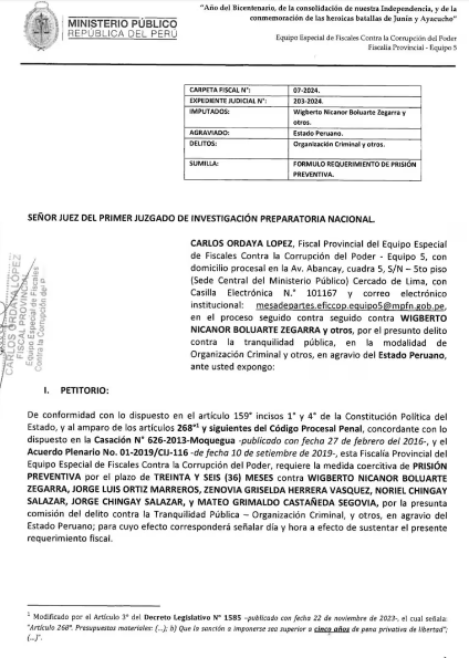 Piden prisin preventiva contra Nicanor Boluarte por presuntamente liderar una organizacin criminal.