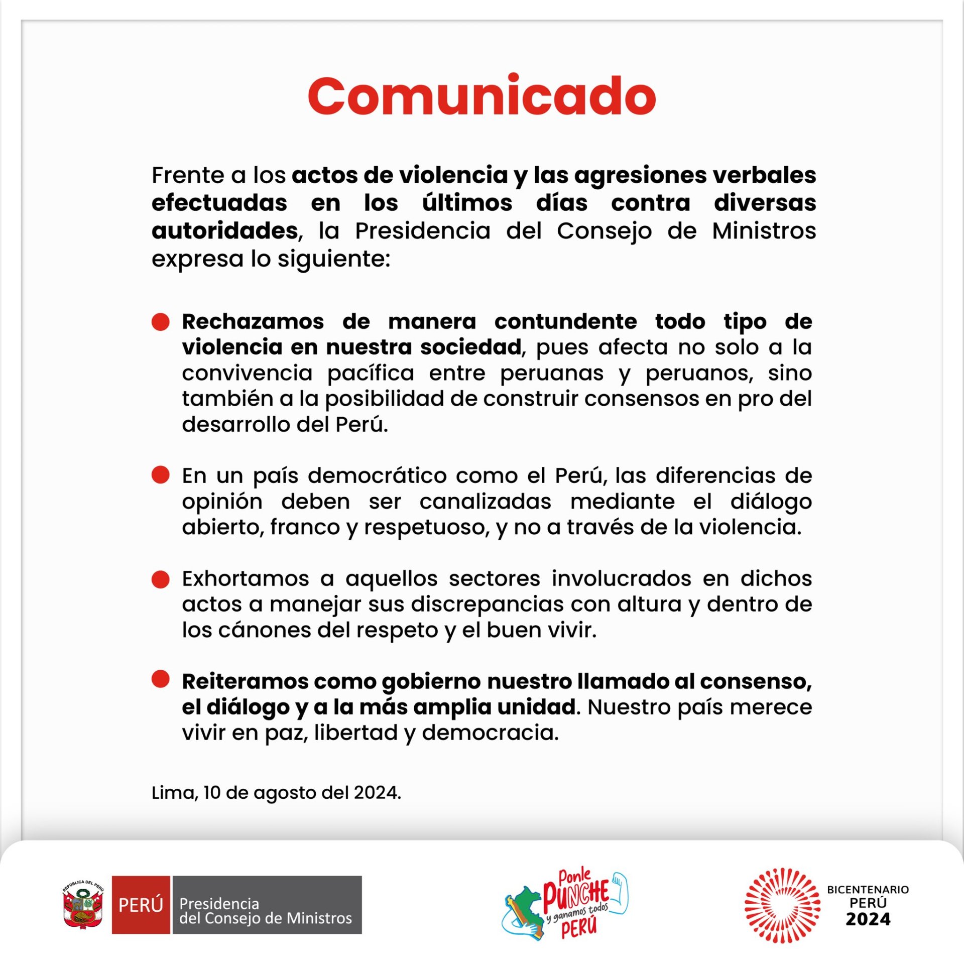 Comunicado de la PCM