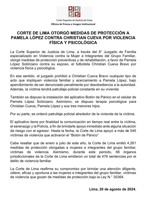 Corte Superior de Justicia se pronuncia sobre denuncia contra Christian Cueva.