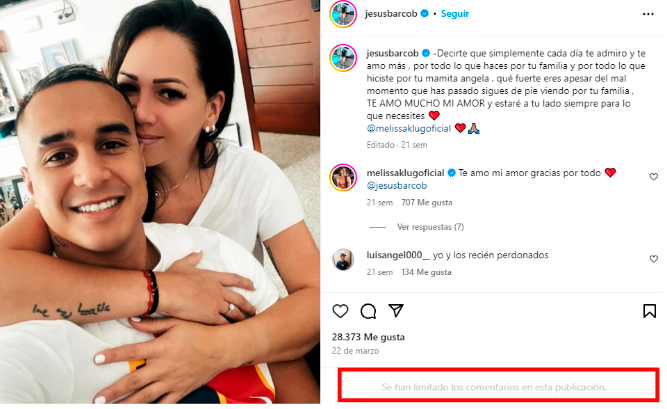 Jesús Barco limita comentarios en redes sociales tras presunto romance entre Melissa Klug y Cueva.