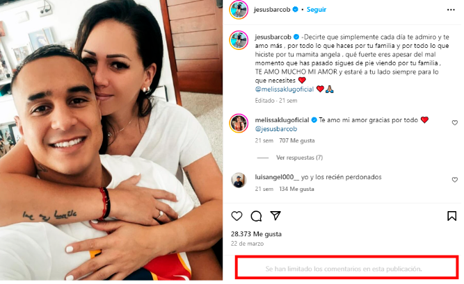 Jess Barco limita comentarios en redes sociales tras presunto romance entre Melissa Klug y Cueva.