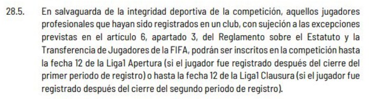 El reglamento de la Liga 1 estipula que los jugadores libres podrn ser inscritos hasta el 21 de septiembre.