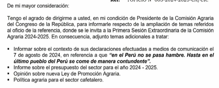 Citacin de Comisin Agraria al ministro ngel Manero.