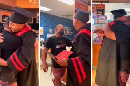 Joven graduado lleva su ttulo al trabajo de su padre.