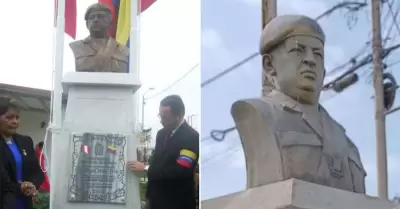 Venezolanos piden se retire busto de Hugo Chvez en Chincha.