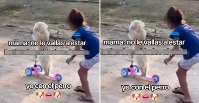 Menor juega al lado de su perrito en scooter.