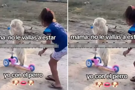 Menor juega al lado de su perrito en scooter.