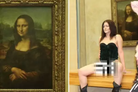 Mujer pos desnuda frente a Mona Lisa.