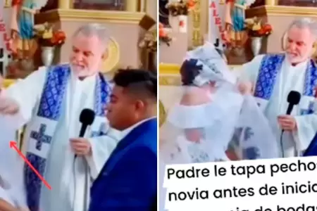 Sacerdote cubre escote de la novia en plena boda.