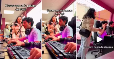 Mujer recrimina a su novio en cabina de videojuegos.