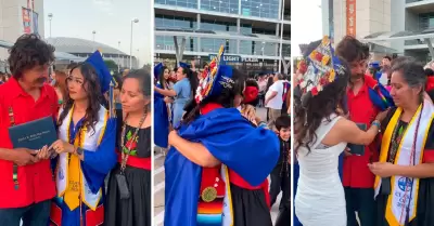 Joven llora agradecida con sus padres en graduacin.