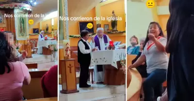 Sacerdote corre a mujer con su hijo de la iglesia.