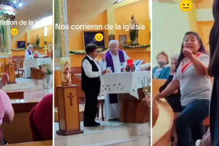 Sacerdote corre a mujer con su hijo de la iglesia.